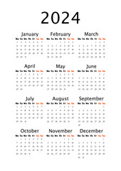 2024 Yearly calendar template, vertical A4 format, week starts Monday. Annual calendar template for business office. Big letter size wall calendar. Classic annual planner on white background - 404471292