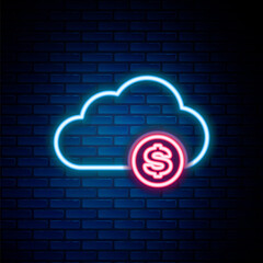 Glowing neon line Cryptocurrency cloud mining icon isolated on brick wall background. Blockchain technology, bitcoin, digital money market, cryptocoin wallet. Colorful outline concept. Vector.