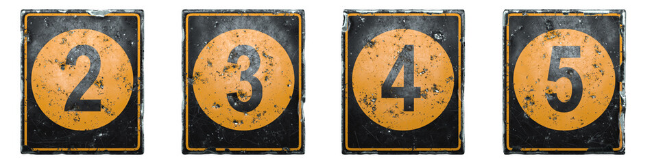 Set of public road sign orange and black color with a numbers 2, 3, 4, 5 in the center isolated on white background. 3d