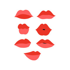 Red makeup woman lips shapes clipart set Valentines Day kiss graphics pack Cute feminine mouth design collection. Flat vector illustration