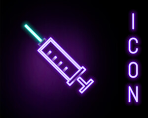 Glowing neon line Syringe icon isolated on black background. Syringe for vaccine, vaccination, injection, flu shot. Medical equipment. Colorful outline concept. Vector.