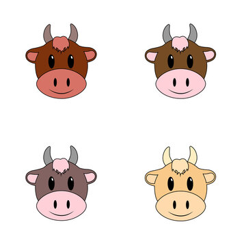 Cute funny muzzles of bulls isolated on white background. Domestic mammals, cartoon animals.