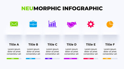 Neumorphic Vector Infographic. Presentation slide template. 6 options. Clean minimal flat style. 