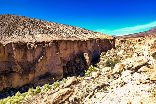 Large river canyon running through the Atacama Desert in the Arica y Parinacota Region of northern Chile.