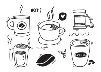 Hand drawn coffee cups illustration and doodles set