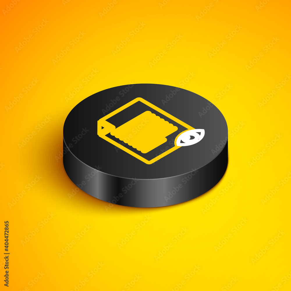 Poster isometric line paper page with eye symbol icon isolated on yellow background. open information file 