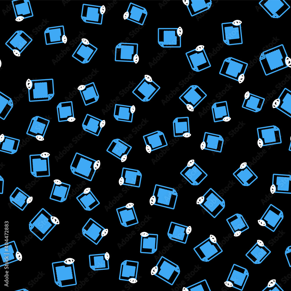 Poster line paper page with eye symbol icon isolated seamless pattern on black background. open information