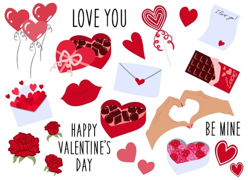 Fototapeta Set of illustrations for Valentines Day. Stickers, icons. Hearts, flowers, candies, balloons, chocolate, envelope, hands, inscriptions. Collection of isolated vector elements.