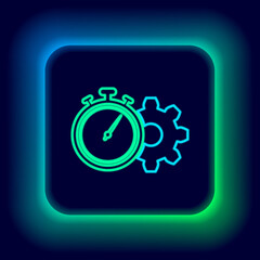 Glowing neon line Time management icon isolated on black background. Clock and gear sign. Productivity symbol. Colorful outline concept. Vector.