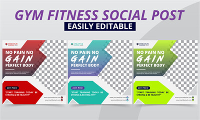 Gym social media post for the Instagram & Facebook square post premium vector. Modern sports fitness promotion minimalist advertisement graphic social layouts editable templates collection.