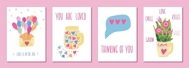 Set of Happy Valentines Day card poster with hand drawn elements and lettering isolated on background template. Cute romantic vector illustration