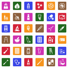 Pharmacy Icons. White Flat Design In Square. Vector Illustration.