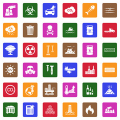 Pollution Icons. White Flat Design In Square. Vector Illustration.