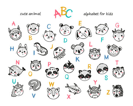 Cute Animals Alphabet for Kids. Cartoon English Alphabet for Children. Hand Drawn Lovely Baby Animal Faces with Doodle Latin Letters. Childish Vector ABC Poster for Preschool Education

