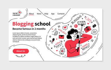 Blogging school landing page in Doodle style, vector template with female blogger who shoots a vlog on the phone