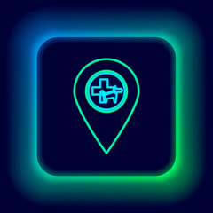Glowing neon line Map pointer with veterinary medicine hospital, clinic or pet shop for animals icon isolated on black background. Vet or veterinarian clinic. Colorful outline concept. Vector.