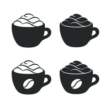 Cup of coffee with foam and cream on mug silhouette design set. Simple minimal flat icon and logo for cafe shops, beverages, caffeine, restaurants, etc. Vector illustration.