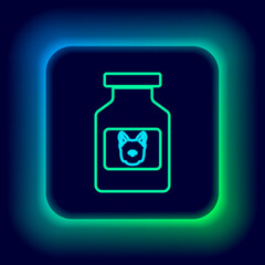 Glowing neon line Dog medicine bottle icon isolated on black background. Container with pills. Prescription medicine for animal. Colorful outline concept. Vector.