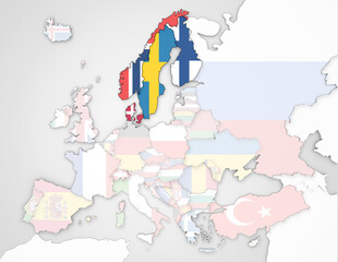 3D Europakarte auf der Skandinavien hervorgehoben wird und die restlichen Flaggen transparent sind