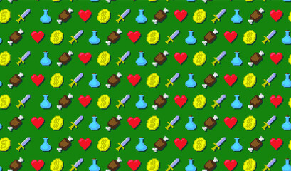 Seamless pattern 8-bit pixel graphics Video Game icon. Signs Heart, Sword, Coin, Potion Bottle. Pixel art Background for design, wallpaper, web. Vector