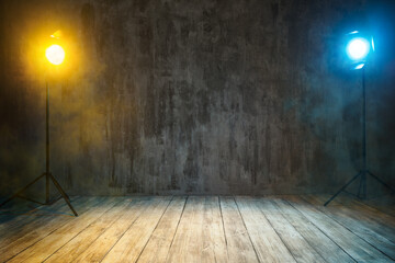 Grunge Mist Stage Background. Beams of Lights, Spotlight in Smoke over cracked Wall and wooden Floor. Nobody