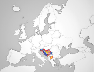 3D Europakarte auf der die Nachfolgestaaten des ehemaligen Staates Jugoslawien hervorgehoben werden
