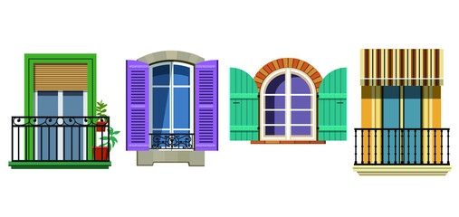collection of european windows with flowers, shutters, curtains