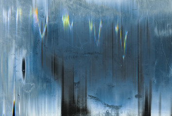 Glitch overlay. Aged texture. Digital noise. Blue stained old film surface with dust scratches...