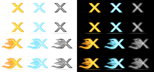 Attractive vector set of X letters with flame fire, freeze ice and metal material deisgn