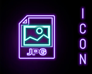 Glowing neon line JPG file document. Download image button icon isolated on black background. JPG file symbol. Colorful outline concept. Vector.
