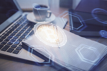 Double exposure of crypto technology drawing and desktop with coffee and items on table background....