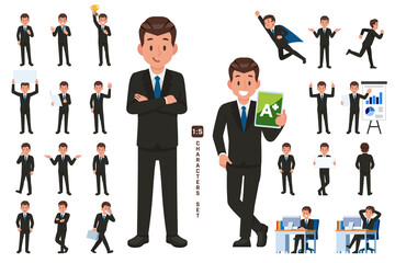 businessman character set in five head to body ratio scale. Working and general situation pose of staff.