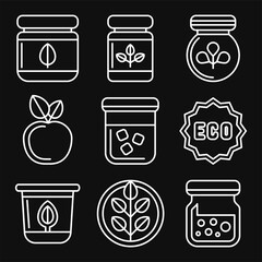 Organic Farm Food Icons Set on Black Background. Line Style Vector