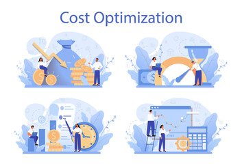 Cost optimization concept set. Idea of financial and marketing strategy - obrazy, fototapety, plakaty