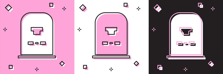 Set Tombstone with RIP written on it icon isolated on pink and white, black background. Grave icon. Vector Illustration.