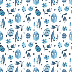 seamless watercolor pattern with Easter eggs and flowers