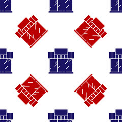 Blue and red Shopping building or market store icon isolated seamless pattern on white background. Shop construction. Vector Illustration.