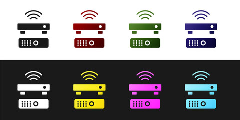 Set Wireless multimedia and TV box receiver and player with remote controller icon isolated on black and white background. Vector.