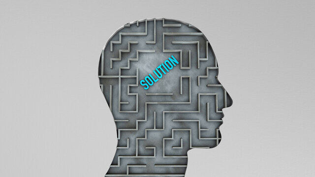 Human head and inside a maze with a solution to the problem. The concept of finding the right solution. 3d render