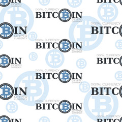 Bitcon background. Vector crypto currency coin on white background. Design for a poster, business project, business information, textile. Seamless pattern. Vector illustration.