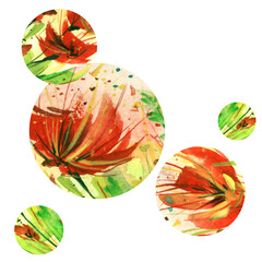 Watercolor background. Round floral element. Art pattern, cover, banner. Beautiful multicolored watercolor paint splash. Flower, wild plant, lily, tulip. For design. Abstract element. fractal, bio