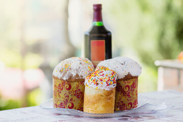 three delicious easter and a bottle of red wine on the table