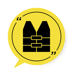 Black Life jacket icon isolated on white background. Life vest icon. Extreme sport. Sport equipment. Yellow speech bubble symbol. Vector..