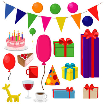 Large vector set for birthday party. Illustrations on the theme of gifts, jewelry, toys and treats.