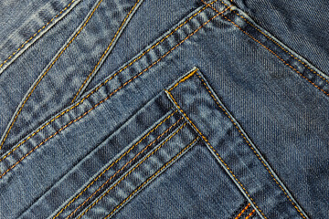 Denim abstract stitched background with pocket, blue jeans fabric texture with seams, youth concept