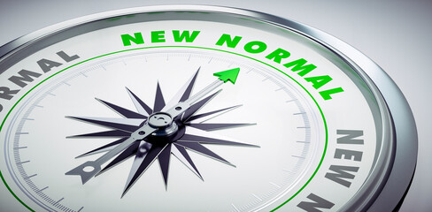 Silver and green compass with needle pointing to the words new normal - 3D illustration