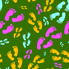 Fototapeta na wymiar Multicolored human footprints on a green background, abstract texture for design, seamless pattern, vector illustration