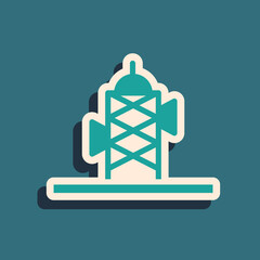 Green Antenna icon isolated on green background. Radio antenna wireless. Technology and network signal radio antenna. Long shadow style. Vector.