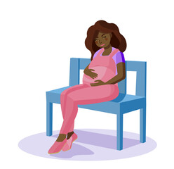 Cute pregnant African American woman sitting on a bench. A pregnant black woman is isolated on a white background. Vector illustration in flat style. Cartoon style, health, pregnancy.