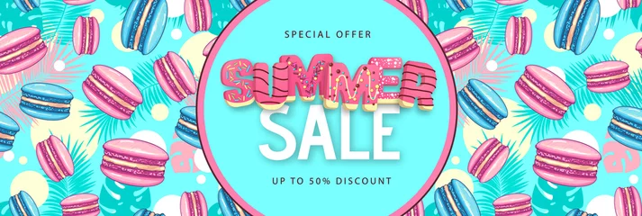 Keuken spatwand met foto Colorful summer big sale poster with sweet macaron cakes. Summertime background. French macaroons. Junk food background. Typography design © annbozhko